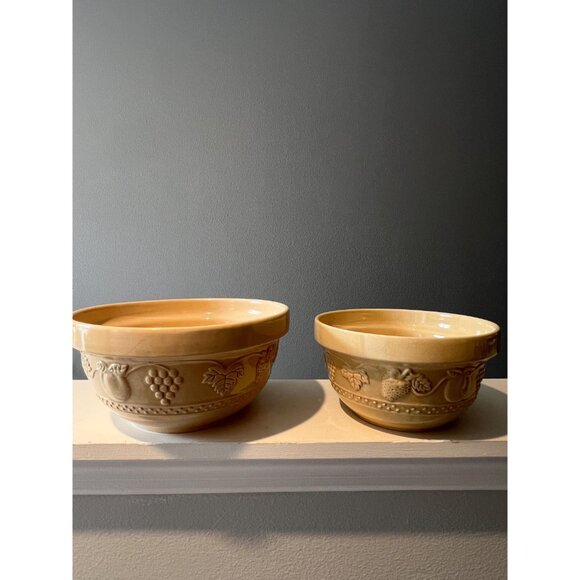 VINTAGE Stoneware Mixing Bowls Set of 2 (10" & 8") | Embossed Fruit Grapes Pear - Picture 3 of 8